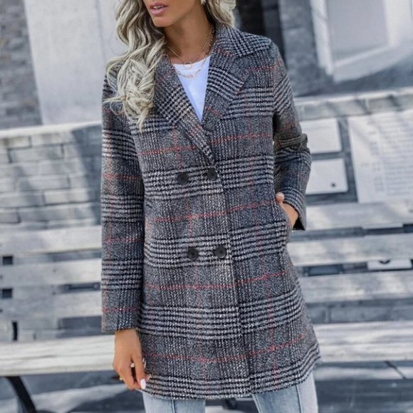 Chic Classy plaid button down Overcoat Jacket Shacket Coat black - Picture 2 of 8